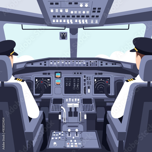 Two pilots in uniform operating a detailed airplane cockpit with many controls and screens, viewed from behind.