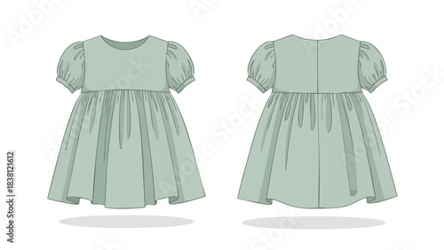 Technical illustration of a baby dress with puff sleeves and gathers, presented from both the front and back viewpoints against a blank backdrop