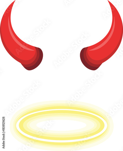 Devil horns, glowing halo, good and evil, moral contrast, spiritual duality, inner conflict, symbolic illustration, red and yellow vector concept