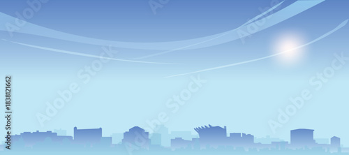 Blue panoramic poster of the city skyline with misty background buildings and clouds of BREMEN, GERMANY