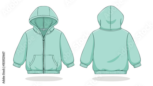 Hooded sweatshirt technical sketch, front and back view showing design features, details and shape for fashion design or manufacturing illustration