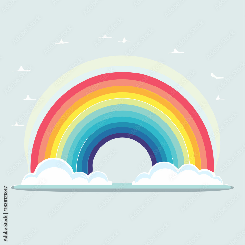 Obraz premium A colorful, vibrant rainbow arching across a light blue sky with fluffy white clouds at its base, in a cheerful flat design style.