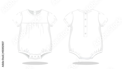 Infant bodysuit technical drawing demonstrating apparel design and construction specifications for baby clothing production and textile