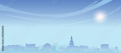Blue panoramic poster of the city skyline with misty background buildings and clouds of HAMBURG, GERMANY