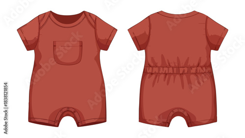 Front and Back View of a Hand-Drawn Red-Brown Baby Romper with Short Sleeves and a Small Pocket  Perfect for Designers