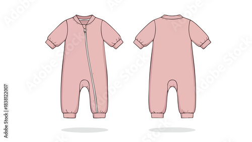 Front and back view of a delightful pastel pink baby onesie with a convenient zipper for easy wear and diaper changes creating a cozy outfit