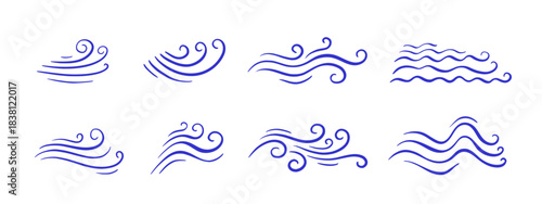 Wind line, blue breeze, wave hand drawn set