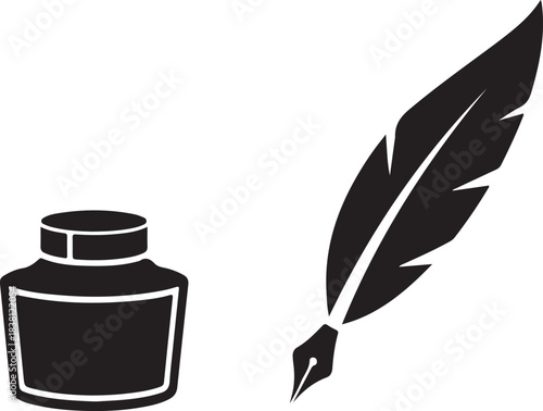 Black inkwell and quill pen icon graphic on white background writing vintage