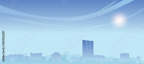 Blue panoramic poster of the city skyline with misty background buildings and clouds of MARSEILLE, FRANCE