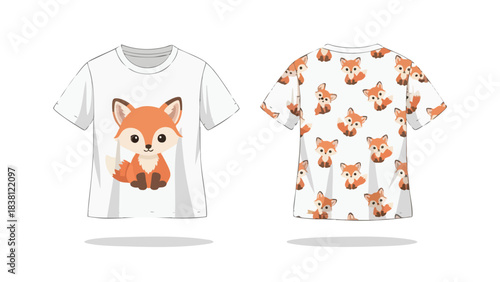 Playful Fox Illustration on Apparel: Front View Featuring Single Fox and Patterned Back View Depicting Multiple Foxes
