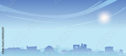 Blue panoramic poster of the city skyline with misty background buildings and clouds of PARIS, FRANCE