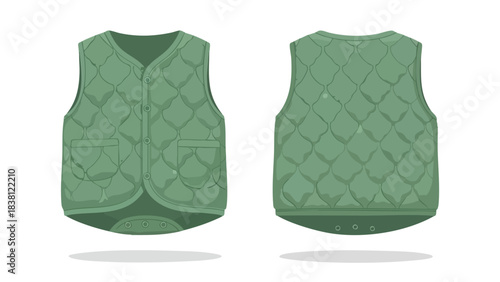 Olive Green Quilted Vest Illustration Displaying Front and Back Views for Apparel Designs