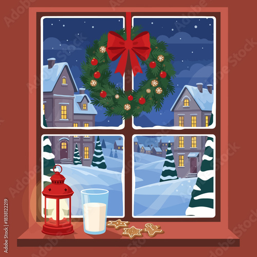 A cozy Christmas window scene looking out onto a snowy village at night, with a wreath, lantern, milk, and gingerbread cookies on the sill.