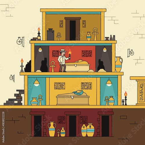 An illustration of an ancient Egyptian tomb cross-section, revealing multiple levels with sarcophagi, an explorer, and various artifacts.