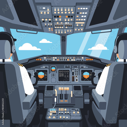 Two pilots in an airplane cockpit, viewed from behind, operating controls with a clear view of blue sky and clouds through the windshield.