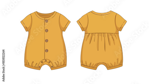 Charming mustard-yellow baby romper illustration showcases front and back design details for pattern design, appealing for children's fashion concept