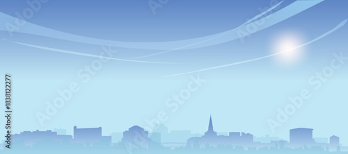 Blue panoramic poster of the city skyline with misty background buildings and clouds of NANTES, FRANCE