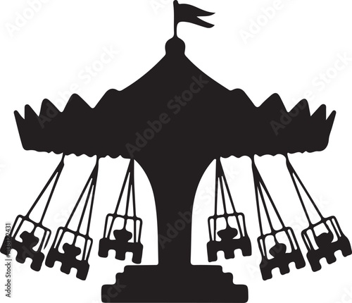Black silhouette of a carousel swing ride with seats hanging from a central structure and a flag on top