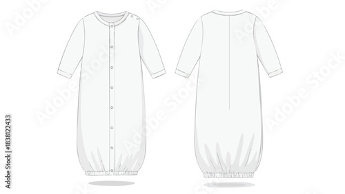 Front and back views of a white baby gown showcasing its design features and simple construction for newborns