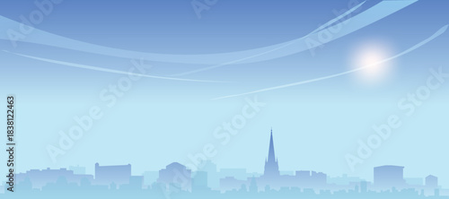 Blue panoramic poster of the city skyline with misty background buildings and clouds of BORDEAUX, FRANCE