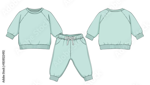 Technical fashion sketch illustrating a casual and comfortable outfit, consisting of a long-sleeved sweatshirt and matching jogger pants in a soft