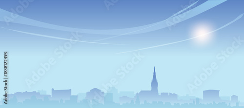 Blue panoramic poster of the city skyline with misty background buildings and clouds of MONTPELLIER, FRANCE