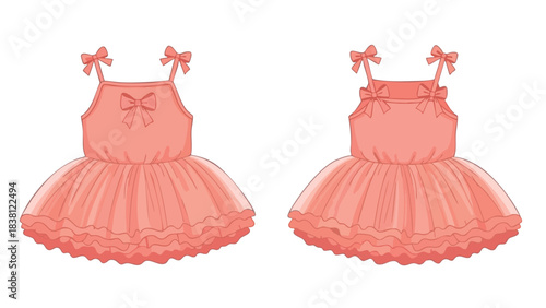 Charming coral colored tutu dresses illustration adorned with delicate bow accents on white backdrop