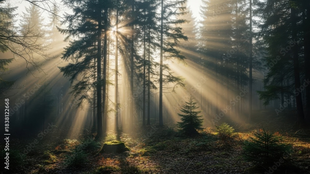 Fototapeta premium Sunbeams filter through tall evergreen trees in a misty forest