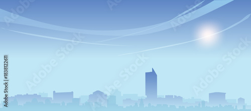 Blue panoramic poster of the city skyline with misty background buildings and clouds of MANCHESTER, UNITED KINGDOM