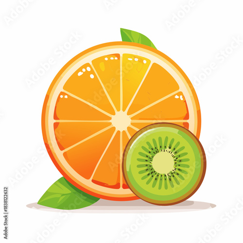 Vibrant illustration of a sliced orange and a kiwi fruit with green leaves.