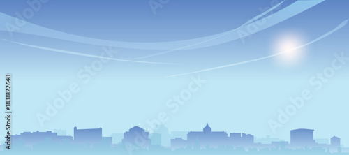 Blue panoramic poster of the city skyline with misty background buildings and clouds of STRASBOURG, FRANCE