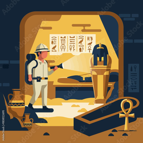 An archaeologist exploring an ancient Egyptian tomb with a flashlight, revealing hieroglyphs, a sarcophagus, and artifacts.
