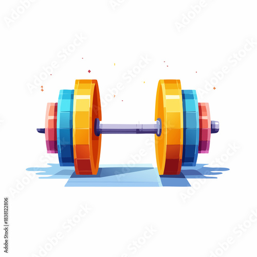 Vibrant and colorful cartoon dumbbell illustration on a white background, representing fitness and strength training equipment.