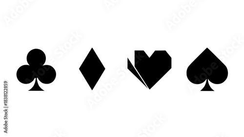 Set of playing card icons, vector style, isolated, modern geometric design, flat black and white shapes, poker symbols, casino theme