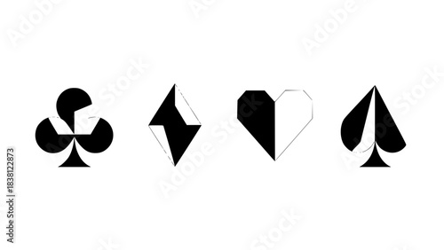 Set of playing card icons, vector style, isolated, modern geometric design, flat black and white shapes, poker symbols, casino theme