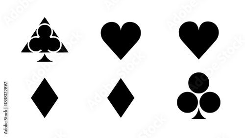 Set of playing card icons, vector style, isolated, modern geometric design, flat black and white shapes, poker symbols, casino theme