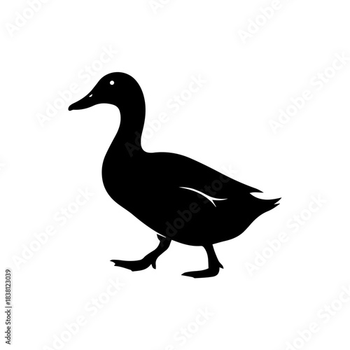 A clean black vector silhouette of a duck walking in profile. A minimal graphic icon for farm, pond, or fowl themes.
