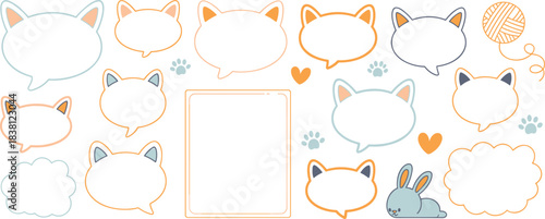 Cat-themed speech bubbles, colorful thought icons, animal design elements, paw prints, hearts, yarn, bunny, vector illustration, white background, cute layout