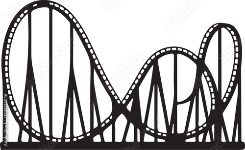 Black silhouette of a roller coaster track with loops and drops against a white background