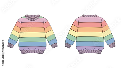 Illustrative rainbow striped sweater design showcasing both front and back views for fashion reference and design elements