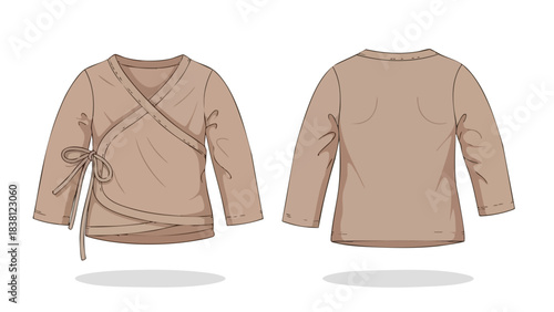 Illustration showcasing a long-sleeved wrap shirt design with front and back views in a soft beige hue against a clean white backdrop