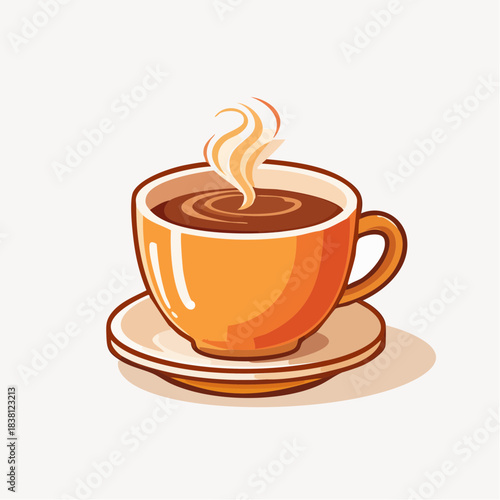 A cartoon illustration of a steaming cup of hot coffee in an orange mug on a light brown saucer, with steam rising.