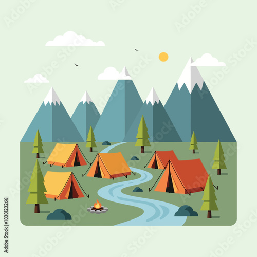 A scenic campsite nestled in a valley with tents, a winding river, and majestic mountains under a sunny sky.