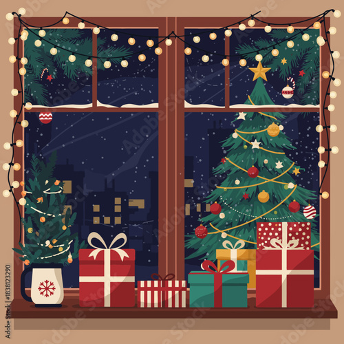 A cozy Christmas scene viewed through a window, adorned with festive lights and decorated trees, with gifts piled below.