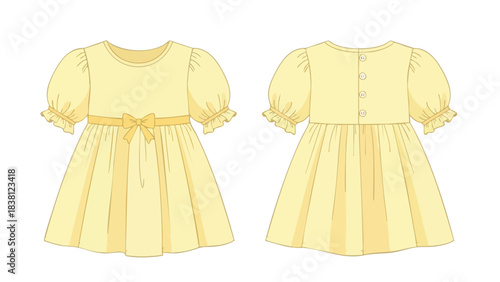 Delicate butter-yellow dress design showcasing puff sleeves and a charming bow, ideal for children's fashion or textile illustration demonstrating