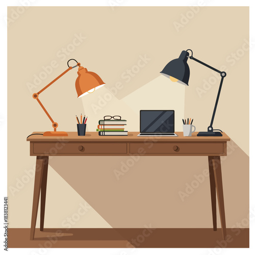 Two desk lamps illuminate a wooden table with books, a laptop, and office supplies.
