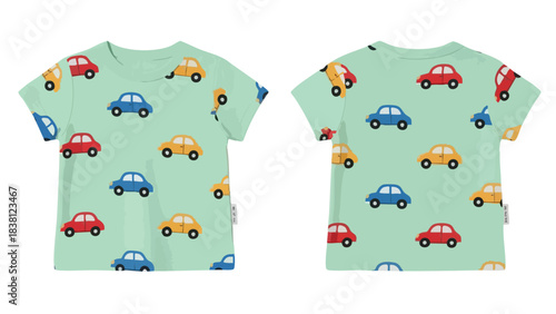 Playful Car Patterned T-Shirt Design: A Front and Back View of a Child's Garment Featuring a Delightful Car Motif on a Soft Green Backdrop
