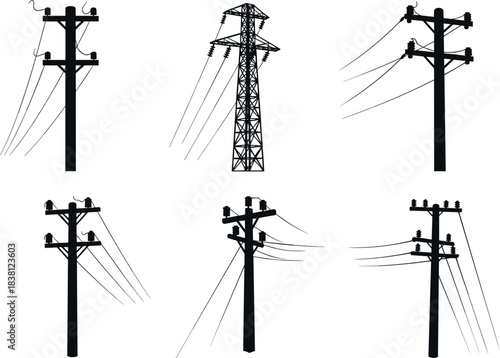 flavector silhouettes of utility poles and transmission towers with crossarms, insulators, and power lines