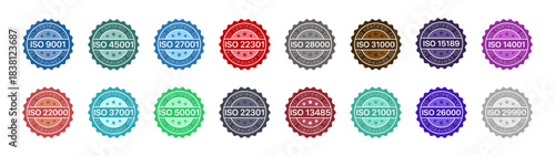 ISO certification badge stamp set with different colors, ISO 9001, 14001, 45001, 27001, 22000, 50001, 37001, 22301, 13485, 28000, 31000, 21001, 15189, 29990, 26000 – editable vector