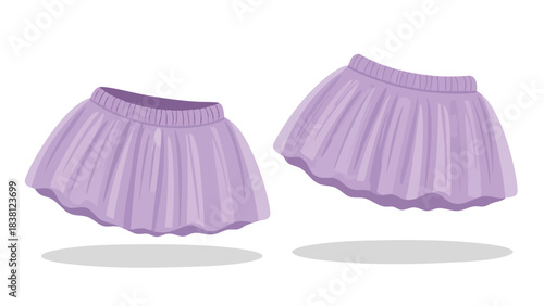 Pair of whimsical lavender tutu skirts floating gracefully against a stark white backdrop casting soft, subtle shadows providing a playful aesthetic